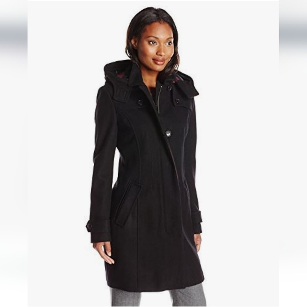 Tommy Hilfiger Navy Women's Single-breasted Wool-blend Coat Size Large